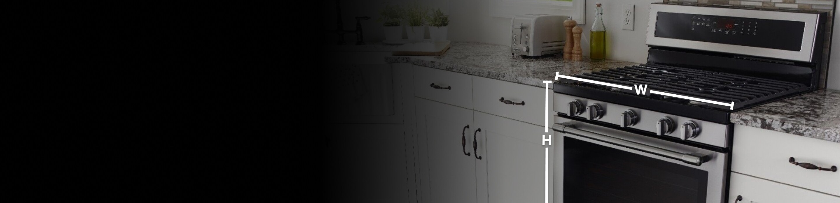 Maytag® gas range in granite countertop with dimension indicators